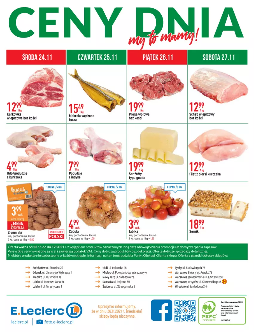 Gazetka promocyjna E Leclerc - ważna 23.11 do 04.12.2021 - strona 32 - produkty: Cebula, Filet z piersi kurczaka, Gouda, Jabłka, Kurczak, Papier, Pręga wołowa, Schab wieprzowy, Ser, Tusz, Ziemniaki