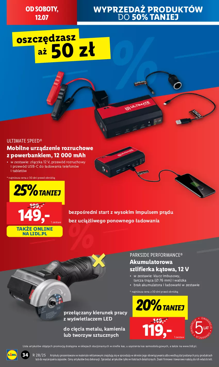 Gazetka promocyjna Lidl - GAZETKA - ważna 07.07 do 12.07.2025 - strona 36 - produkty: Akumulator, Mobil, Parkside, Powerbank, Przewód, Sok, Szlifierka, Szlifierka kątowa, Tablet, Tarcza tnąca, Telefon, Walizka