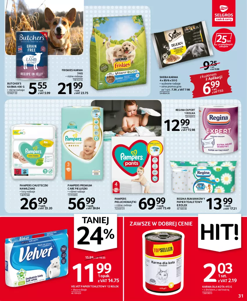 Gazetka promocyjna Selgros - Oferta spożywcza - ważna 20.10 do 02.11.2022 - strona 31 - produkty: Chusteczki, Friskies, Gin, Majtki, Pampers, Papier, Papier toaletowy, Pieluchomajtki, Rum, Sheba, Velvet