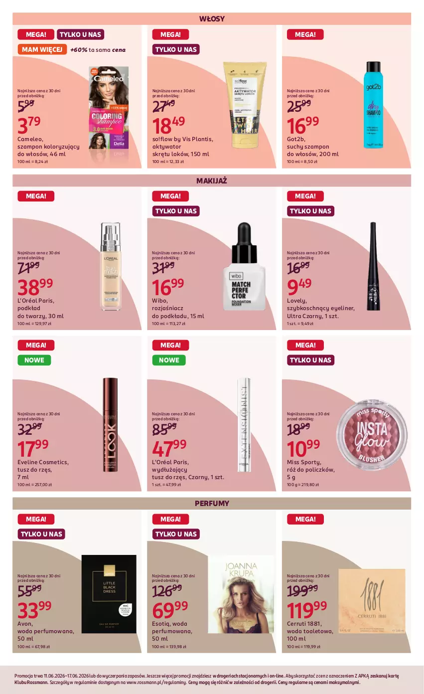 Gazetka promocyjna Rossmann - Gazetka promocyjna Rossmanna - ważna 11.06 do 17.06.2026 - strona 6 - produkty: Cerruti, Eleo, Eveline, Got2b, L’Oréal, Lovely, Makijaż, Miss Sporty, Perfum, Podkład, Podkład do twarzy, Por, Róż do policzków, Sport, Suchy szampon, Szampon, Tusz, Wibo, Woda, Woda perfumowana, Woda toaletowa