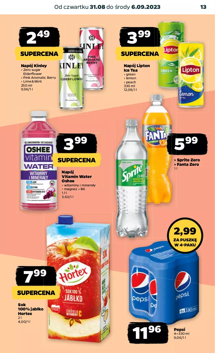 Gazetka promocyjna Netto - Artykuły spożywcze - ważna 31.08 do 06.09.2023 - strona 13 - produkty: Fa, Fanta, Hortex, Ice tea, Lipton, Magnez, Napój, Oshee, Pepsi, Sok, Sprite