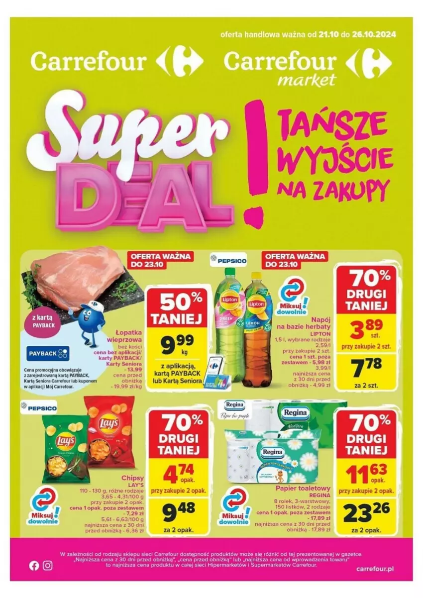 Gazetka promocyjna Carrefour - ważna 21.10 do 26.10.2024 - strona 1 - produkty: Chipsy, Fa, Lipton, Papier, Papier toaletowy, Por