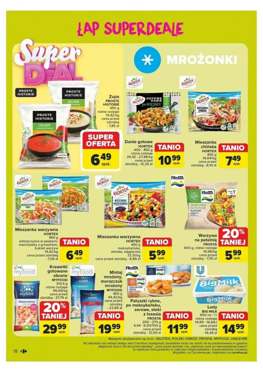 Gazetka promocyjna Carrefour - ważna 21.10 do 26.10.2024 - strona 10 - produkty: Big Milk, Bukiet, Bukiet warzyw, Danie gotowe, Fa, Frosta, Hortex, Krewetki, Lody, Marchewka, Mieszanka warzyw, Mintaj, Ogród, Paluszki rybne, Ser, Sos, Stek, Zupa