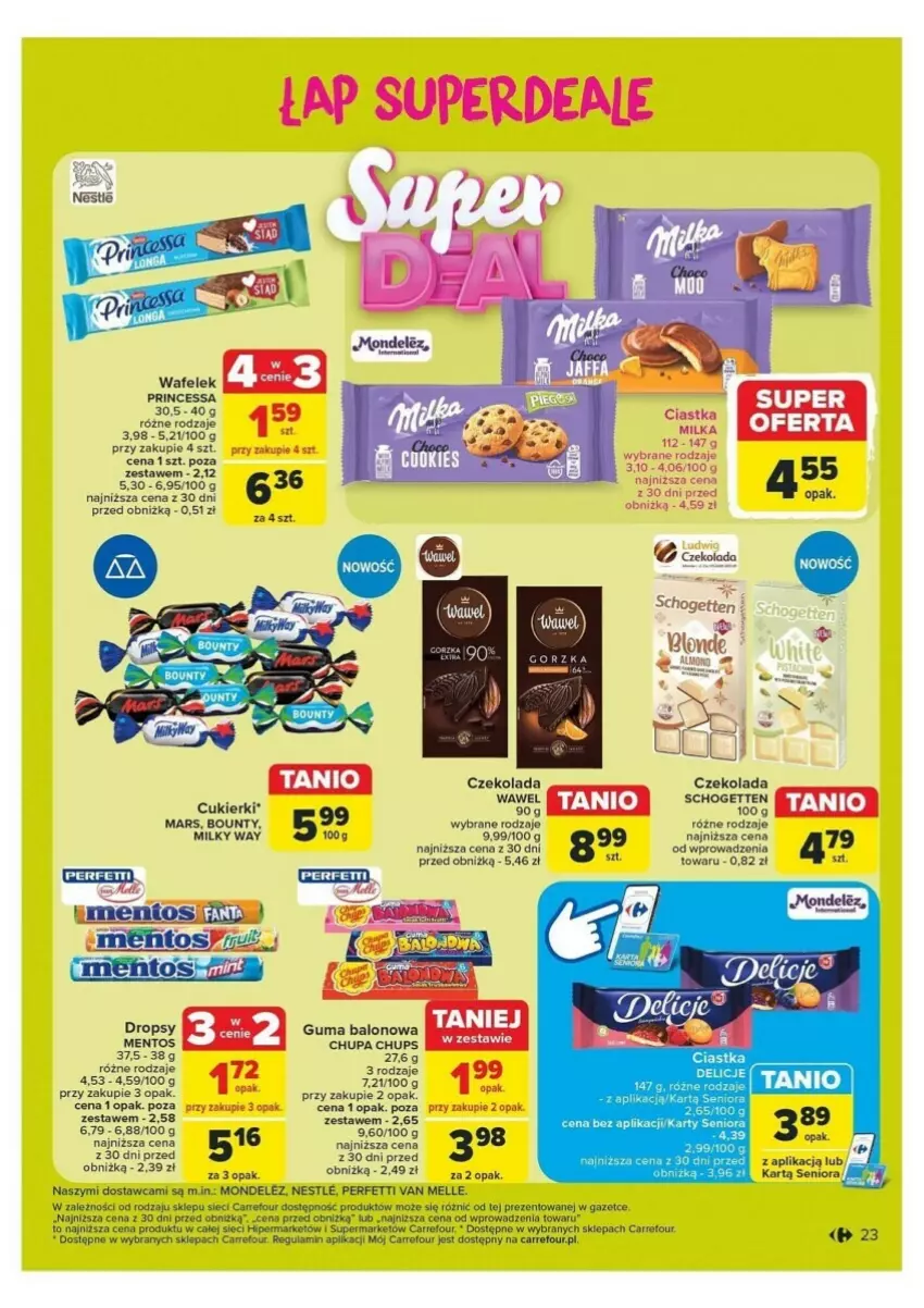 Gazetka promocyjna Carrefour - ważna 21.10 do 26.10.2024 - strona 16 - produkty: Bounty, Chupa Chups, Ciastka, Cukier, Cukierki, Czekolada, Delicje, Fa, Mentos, Milky Way, Princessa, Schogetten, Wafelek, Wawel