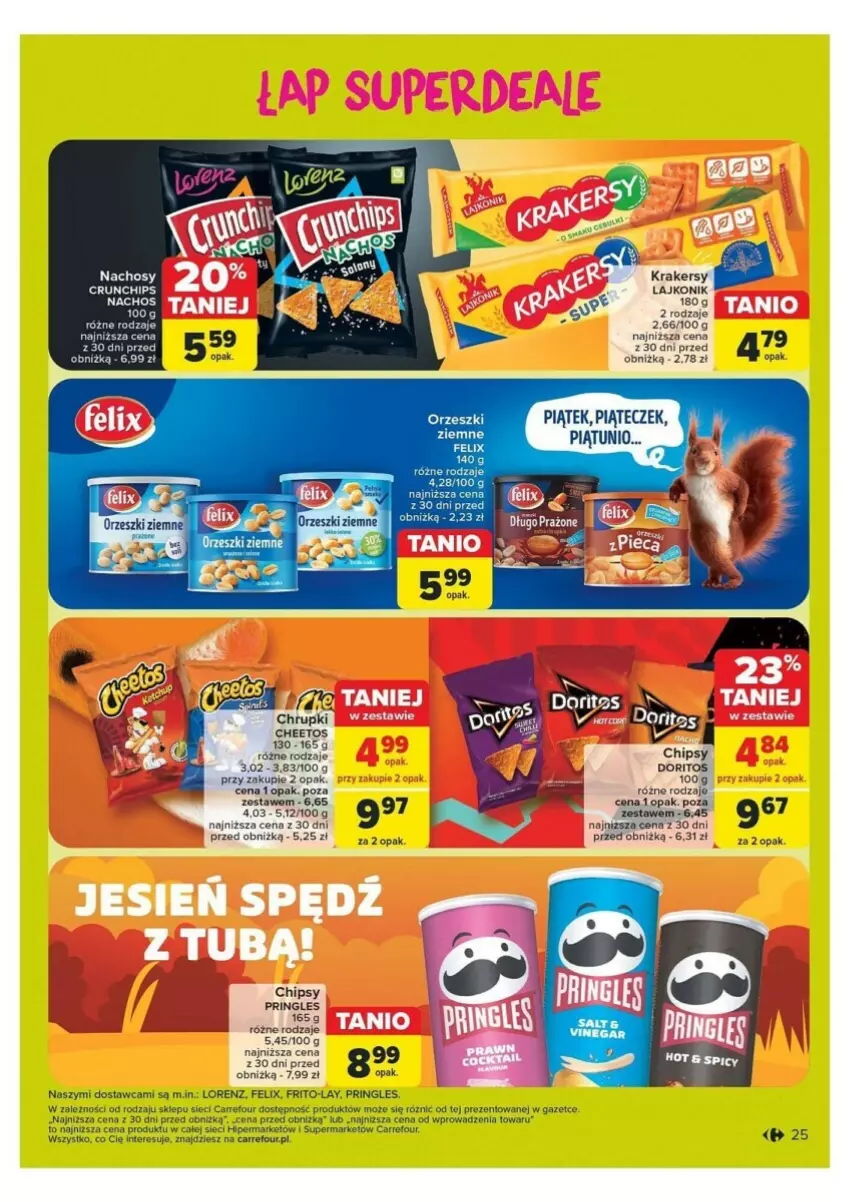 Gazetka promocyjna Carrefour - ważna 21.10 do 26.10.2024 - strona 18 - produkty: Cheetos, Chipsy, Chrupki, Crunchips, Felix, Krakersy, Lajkonik, Lorenz, Orzeszki, Orzeszki ziemne, Por, Pringles