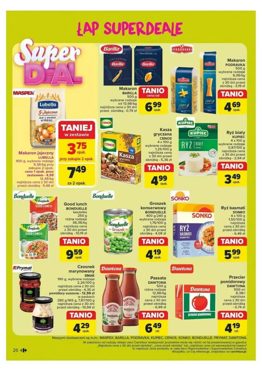 Gazetka promocyjna Carrefour - ważna 21.10 do 26.10.2024 - strona 19 - produkty: Barilla, Bell, Bella, Bonduelle, Cenos, Czosnek, Dawtona, Groszek, Gry, Kasza, Kaszetka, Kupiec, Lubella, Makaron, Piec, Podravka, Pomidory, Prymat, Ryż, Ryż basmati, Ryż biały, Ser, Sonko