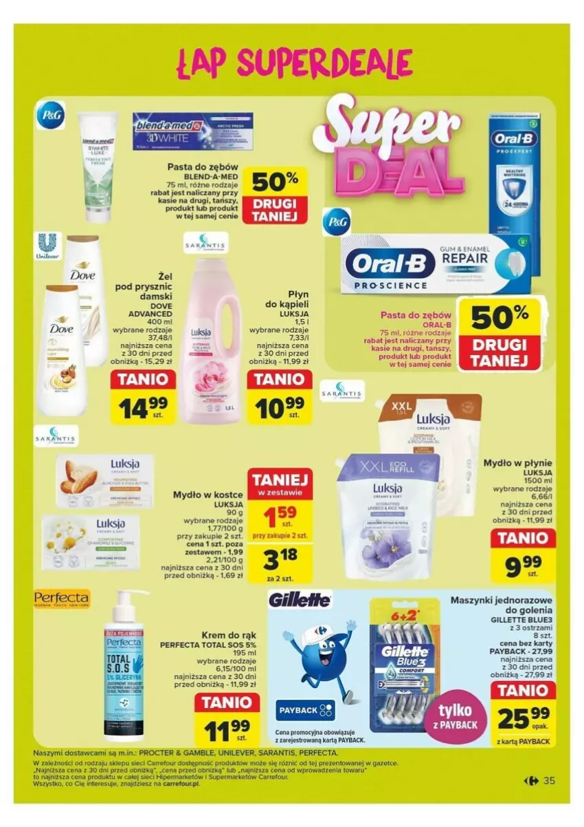 Gazetka promocyjna Carrefour - ważna 21.10 do 26.10.2024 - strona 29 - produkty: Blend-a-Med, Dove, Gillette, Krem do rąk, Luksja, Mydło, Mydło w płynie, Pasta do zębów, Perfecta