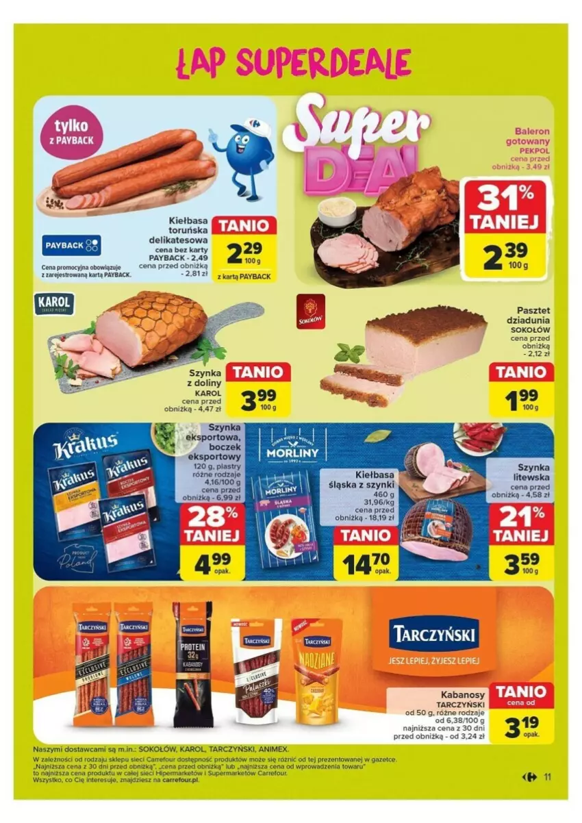 Gazetka promocyjna Carrefour - ważna 21.10 do 26.10.2024 - strona 3 - produkty: Kabanos, Kiełbasa, Pasztet, Por, Sok, Sokołów, Sport, Szynka, Tarczyński