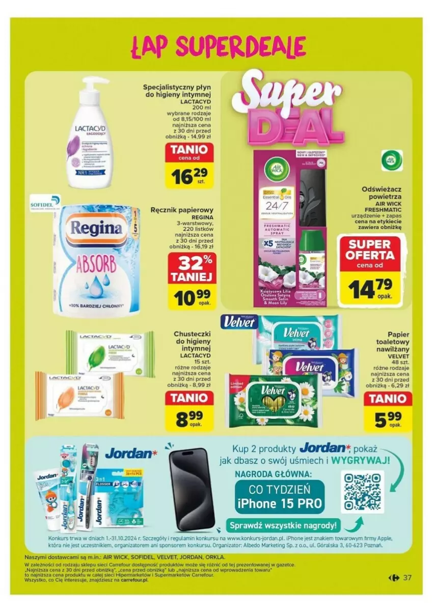 Gazetka promocyjna Carrefour - ważna 21.10 do 26.10.2024 - strona 31 - produkty: Air Wick, Chusteczki, Fa, Gin, Gry, Lactacyd, Odświeżacz powietrza, Papier, Papier toaletowy, Płyn do higieny intymnej, Ręcznik, Velvet