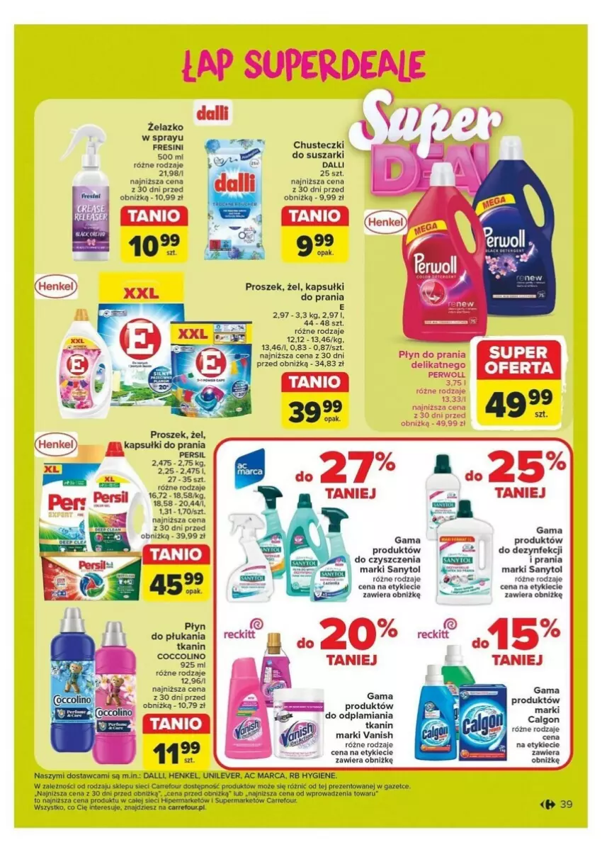 Gazetka promocyjna Carrefour - ważna 21.10 do 26.10.2024 - strona 33 - produkty: Calgon, Chusteczki, Coccolino, Kapsułki do prania, LG, Persil, Perwoll, Płyn do płukania, Płyn do prania, Sanytol, Suszarki, Vanish