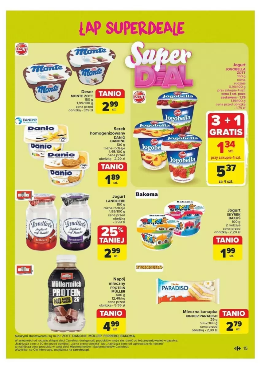 Gazetka promocyjna Carrefour - ważna 21.10 do 26.10.2024 - strona 7 - produkty: Bakoma, Bell, Bella, Danio, Danone, Deser, Ferrero, Jogobella, Jogurt, LG, Mleczna kanapka, Monte, Napój, Ser, Serek, Zott