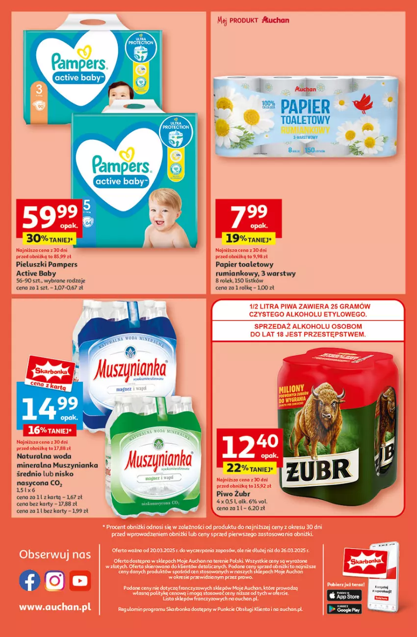 Gazetka promocyjna Auchan - Pewność Niskich Cen Moje - ważna 20.03 do 26.03.2025 - strona 10 - produkty: Mus, Muszynianka, Pampers, Papier, Papier toaletowy, Piwo, Rum, Woda