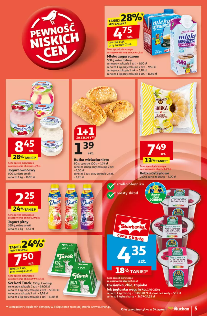 Gazetka promocyjna Auchan - Pewność Niskich Cen Moje - ważna 20.03 do 26.03.2025 - strona 7 - produkty: Babka, Bułka, Bułka wieloziarnista, Dan Cake, Gin, Jogurt, Jogurt owocowy, Jogurt pitny, Mleko, Mleko zagęszczone, Ser, Ser kozi, Sok