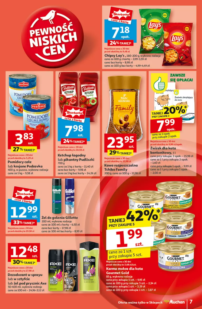 Gazetka promocyjna Auchan - Pewność Niskich Cen Moje - ważna 20.03 do 26.03.2025 - strona 9 - produkty: Chipsy, Dezodorant, Fa, Gillette, Kawa, Ketchup, Podravka, Pomidory, Pudliszki, Pur, Stół, Tchibo, Tchibo Family