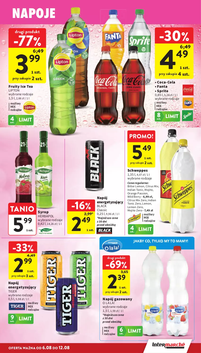 Gazetka promocyjna Intermarche - Gazetka promocyjna - ważna 06.08 do 12.08.2026 - strona 33 - produkty: Coca-Cola, Fa, Fanta, Herbapol, Ice tea, Lack, Lipton, Napój, Napój gazowany, Napoje, Schweppes, Sprite, Syrop, Tiger