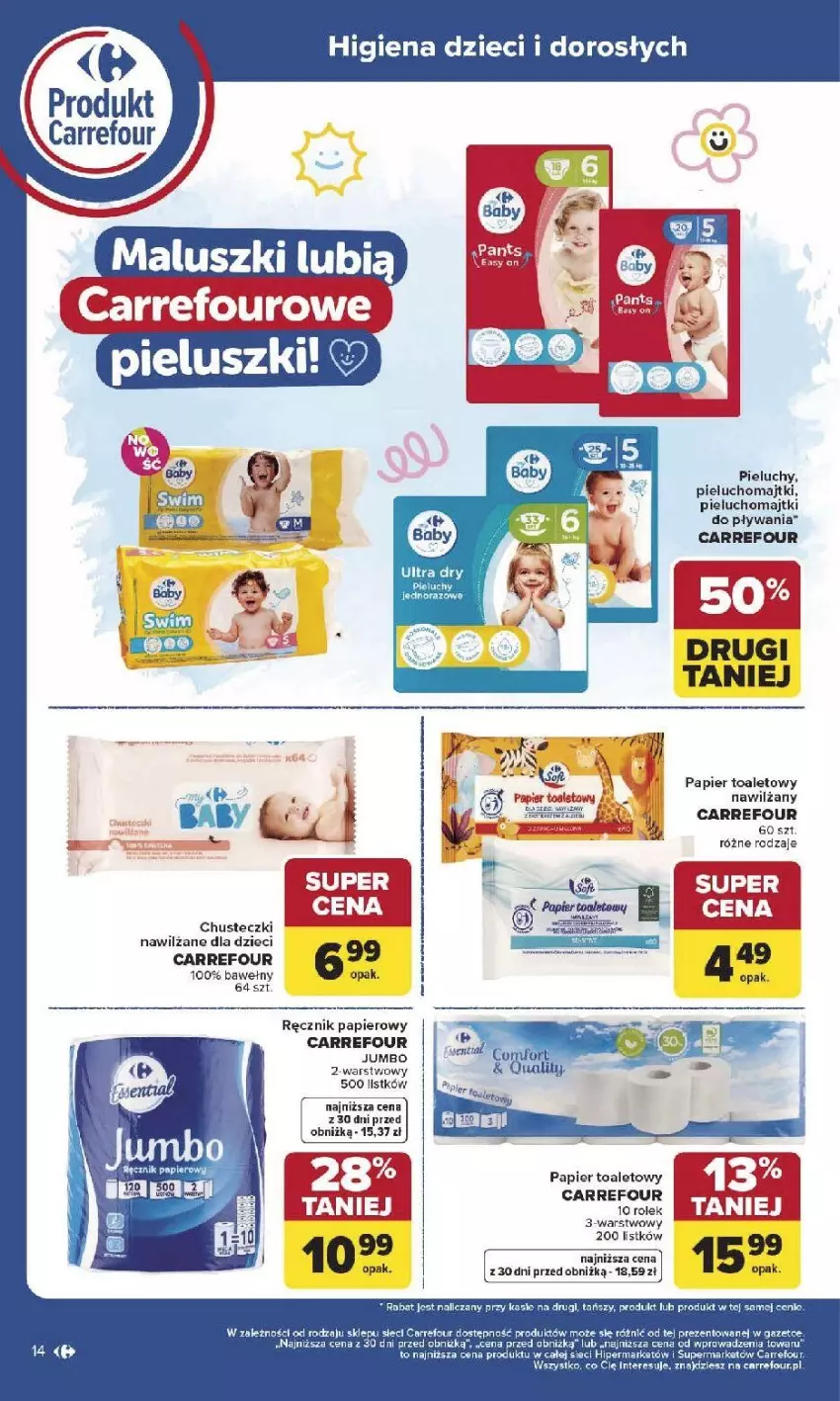 Gazetka promocyjna Carrefour - Gazetka Produkt Carrefour od poniedziałku! - ważna 19.01 do 31.01.2026 - strona 14 - produkty: Chusteczki, Dzieci, Majtki, Papier, Papier toaletowy, Pieluchomajtki, Pieluchy, Ręcznik