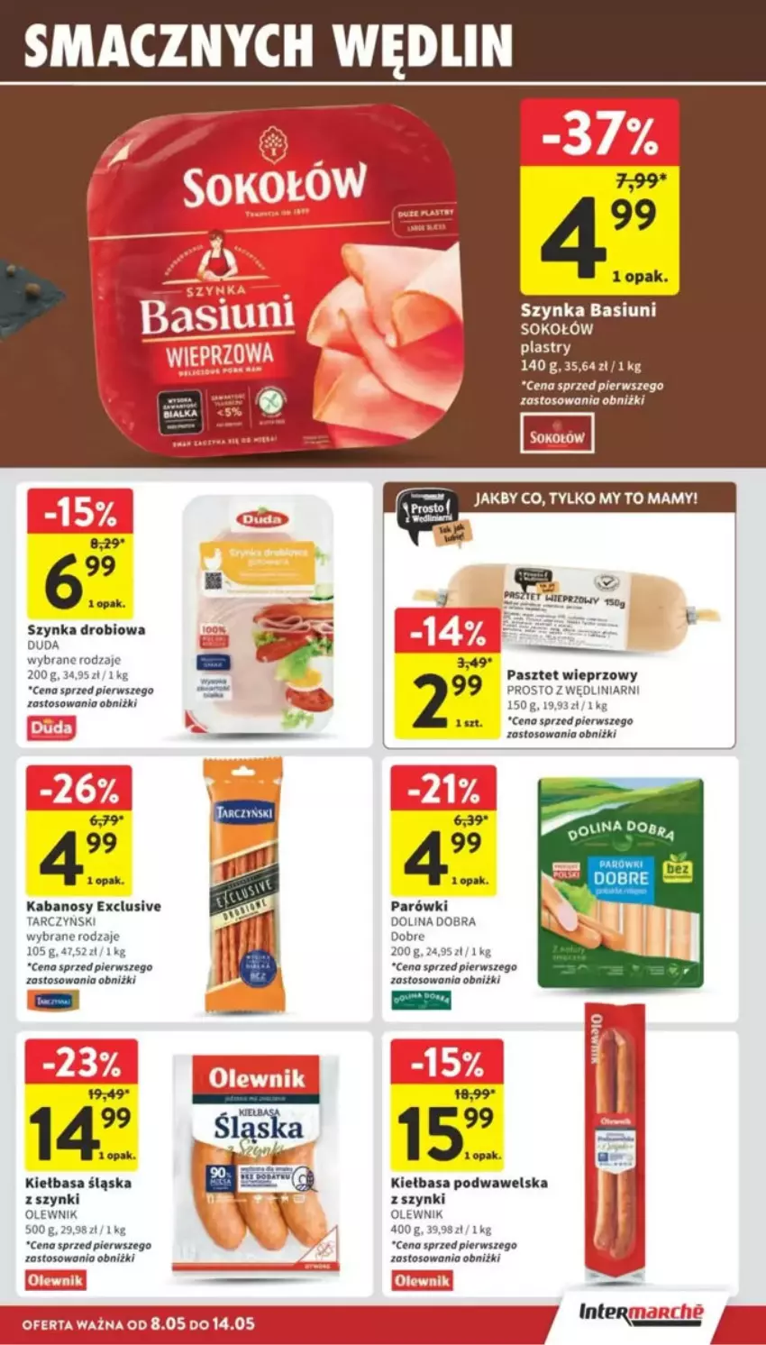 Gazetka promocyjna Intermarche - ważna 08.05 do 14.05.2025 - strona 11 - produkty: Duda, Kabanos, Kiełbasa, Kiełbasa podwawelska, Kiełbasa śląska, Olewnik, Parówki, Pasztet, Sok, Sokołów, Szynka, Tarczyński, Wawel