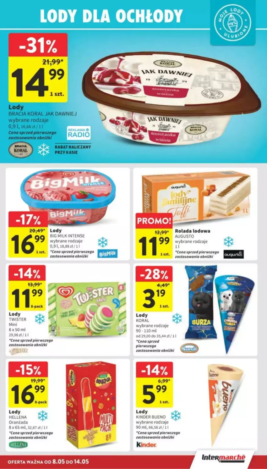 Gazetka promocyjna Intermarche - ważna 08.05 do 14.05.2025 - strona 16 - produkty: Big Milk, Hellena, Kinder, Kinder Bueno, Lody, Oranżada, Rolada