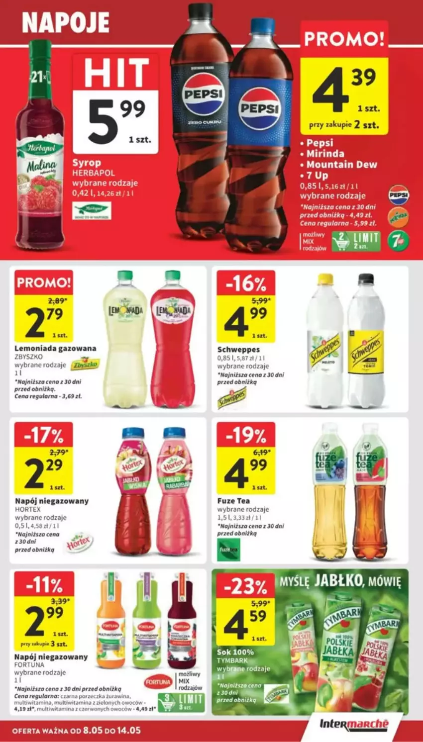 Gazetka promocyjna Intermarche - ważna 08.05 do 14.05.2025 - strona 27 - produkty: Fortuna, Hortex, Lemoniada, Mirinda, Napój, Napój niegazowany, Pepsi, Por, Schweppes, Sok, Tymbark
