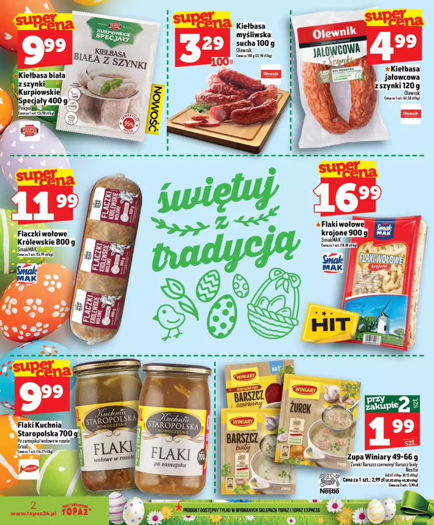 Gazetka promocyjna Topaz - Gazetka - ważna 02.04 do 08.04.2026 - strona 2 - produkty: Flaki, Flaki wołowe, Kiełbasa, Kiełbasa biała, Królewski, Olewnik, Winiary, Zupa