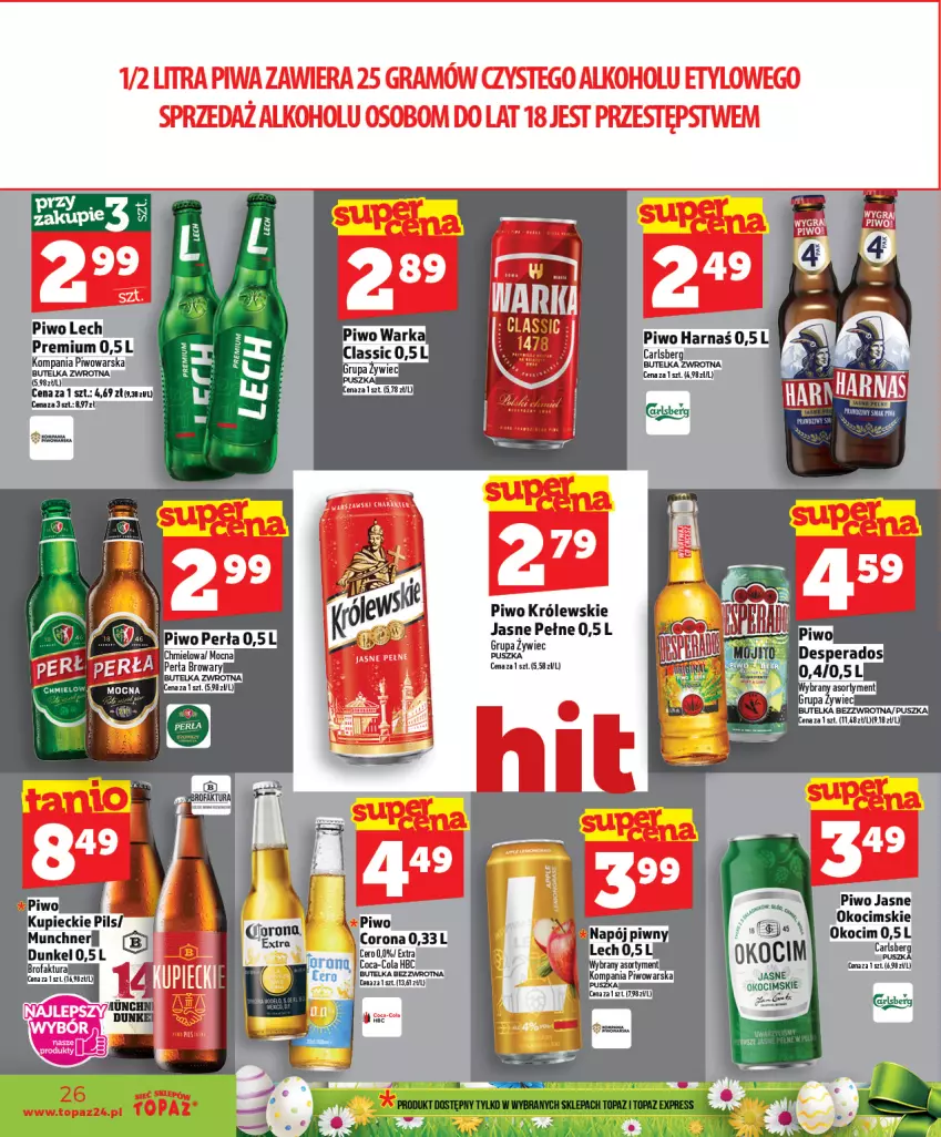 Gazetka promocyjna Topaz - Gazetka - ważna 02.04 do 08.04.2026 - strona 26 - produkty: Carlsberg, Coca-Cola, Gra, Harnaś, Koc, Królewski, Lech Premium, Okocim, Piwa, Piwo, Piwo jasne