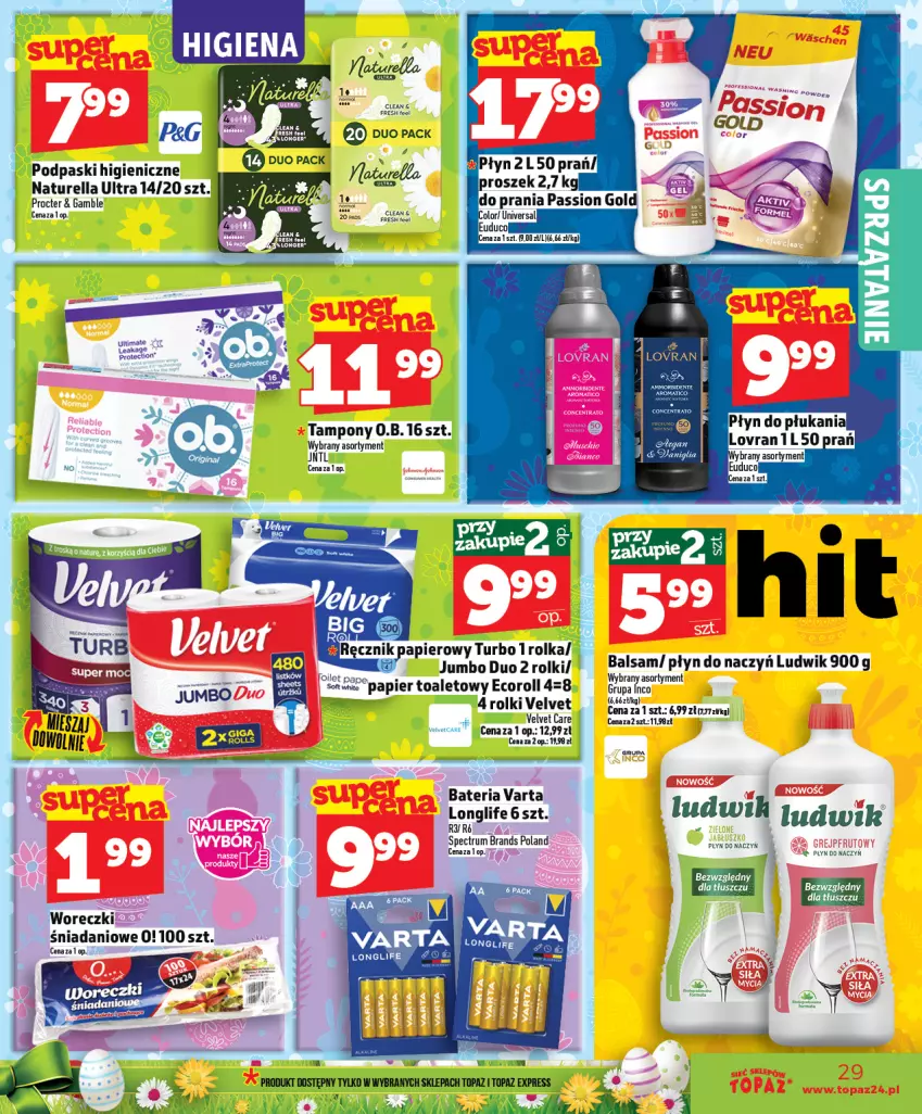 Gazetka promocyjna Topaz - Gazetka - ważna 02.04 do 08.04.2026 - strona 29 - produkty: Bateria, Danio, Fa, Gra, Ludwik, Naturell, Naturella, Papier, Papier toaletowy, Podpaski, Rolki, Rum, Tampony, Varta, Velvet