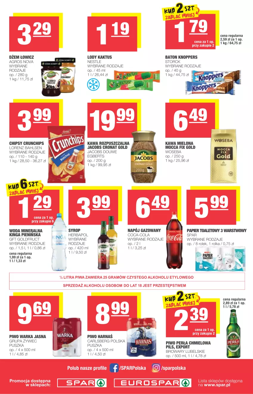 Gazetka promocyjna Spar - Eurospar - ważna 21.07 do 27.07.2021 - strona 4 - produkty: Baton, Carlsberg, Chipsy, Coca-Cola, Crunchips, Harnaś, Herbapol, Jacobs, Kaktus, Kawa, Kawa rozpuszczalna, Knoppers, Lody, Lorenz, Napój, Napój gazowany, Papier, Papier toaletowy, Piwo, Syrop, Warka, Woda, Woda mineralna, Woseba