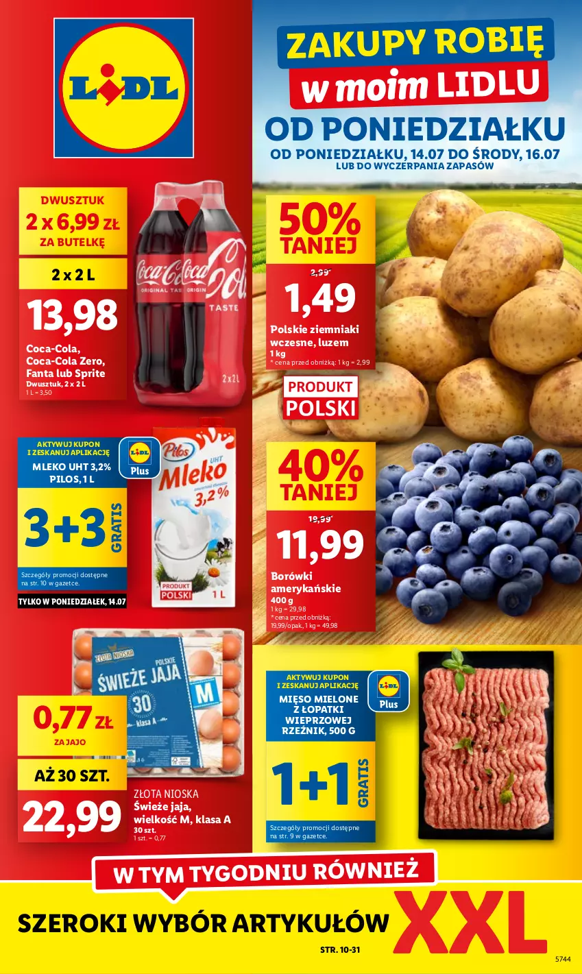 Gazetka promocyjna Lidl - GAZETKA - ważna 14.07 do 16.07.2025 - strona 1 - produkty: Coca-Cola, Fa, Fanta, Gra, Jaja, Mięso, Mięso mielone, Mięso mielone z łopatki wieprzowej, Mleko, Pilos, Sprite, Ziemniaki