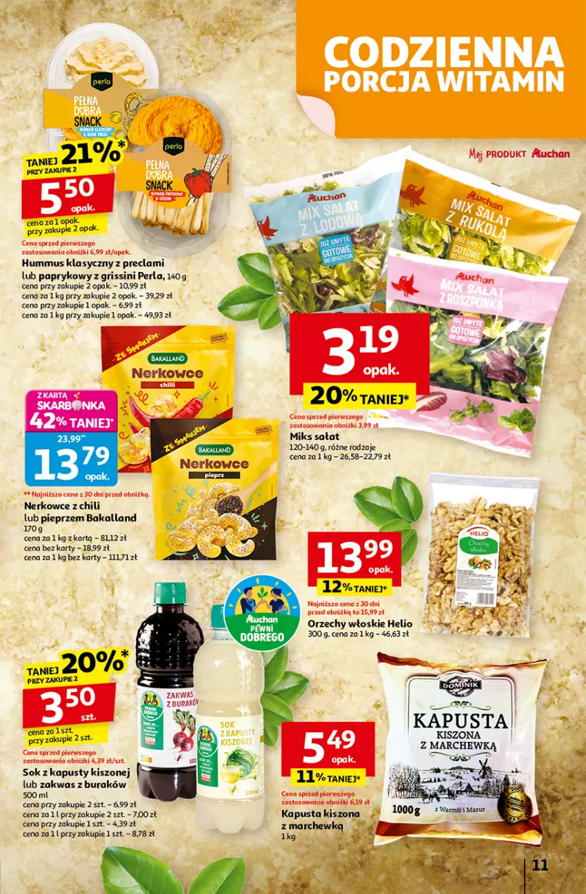 Gazetka promocyjna Auchan - Wielkie przeboje cenowe Hipermarket - ważna 16.10 do 22.10.2025 - strona 11 - produkty: Bakalland, Grissini, Helio, Hummus, Mus, Orzechy włoskie, Pieprz, Sałat, Sok