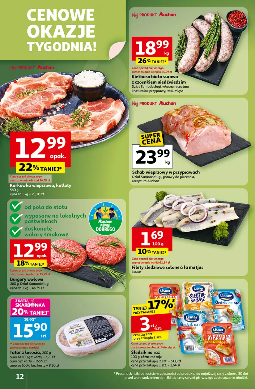 Gazetka promocyjna Auchan - Wielkie przeboje cenowe Hipermarket - ważna 16.10 do 22.10.2025 - strona 12 - produkty: Burger, Kiełbasa, Kiełbasa biała, Matjas, Piec, Przyprawy, Schab wieprzowy, Sos