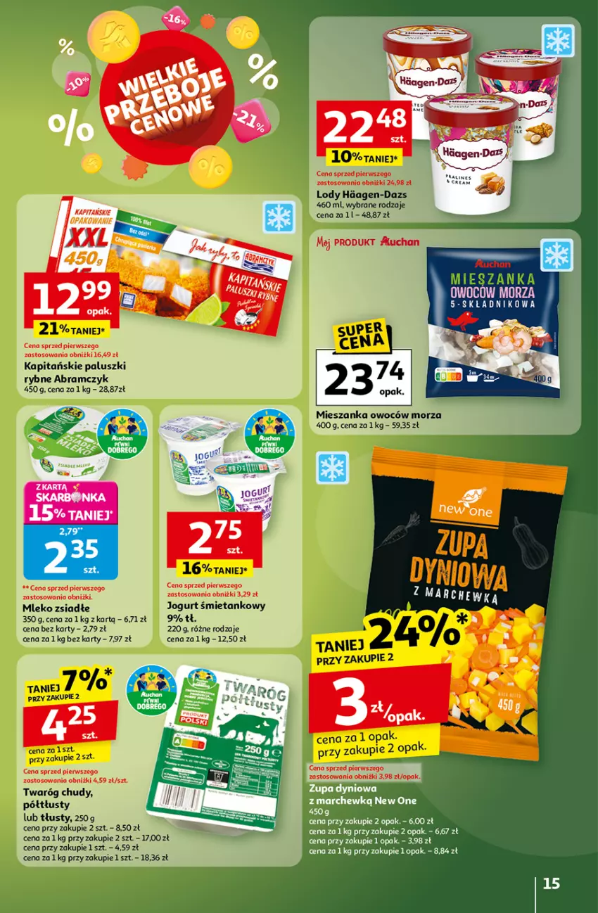 Gazetka promocyjna Auchan - Wielkie przeboje cenowe Hipermarket - ważna 16.10 do 22.10.2025 - strona 15 - produkty: Jogurt, Lody, Mleko, Mleko zsiadłe, Paluszki rybne, Twaróg, Twaróg chudy, Zupa