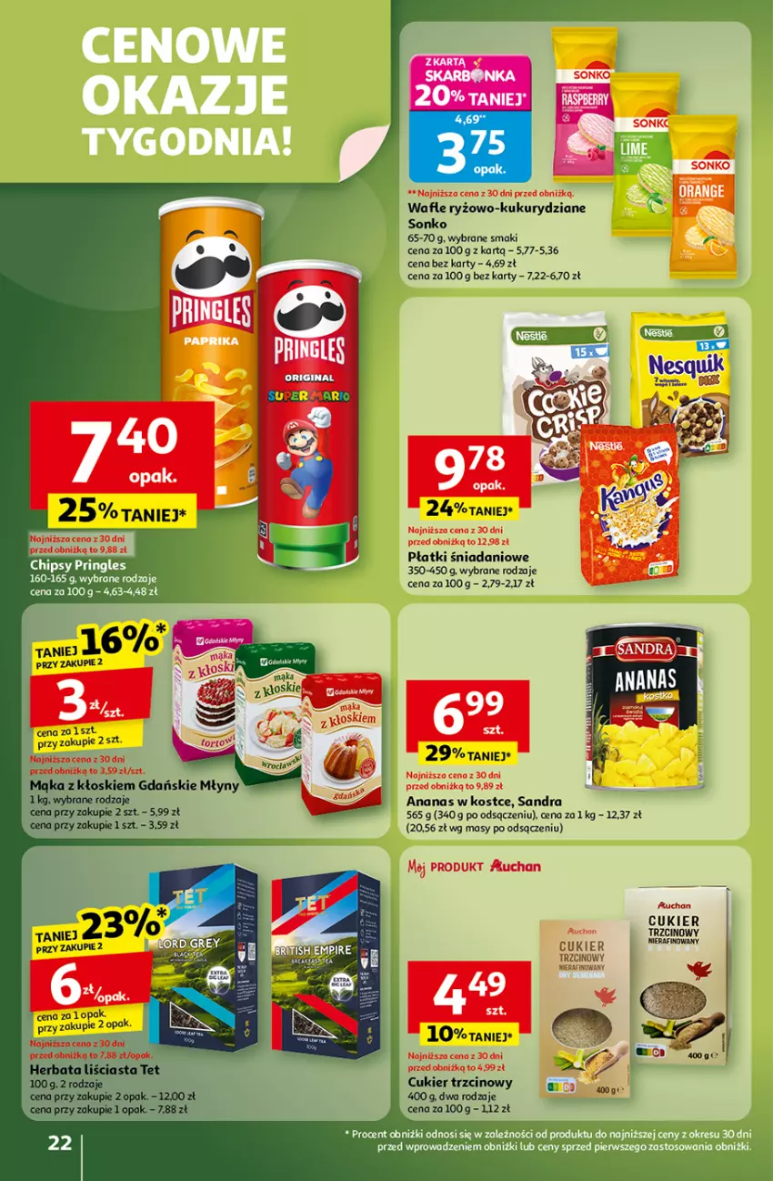 Gazetka promocyjna Auchan - Wielkie przeboje cenowe Hipermarket - ważna 16.10 do 22.10.2025 - strona 22 - produkty: Ananas, Chipsy, Cukier, Cukier trzcinowy, Danio, Gin, Herbata, Mąka, Pringles, Ryż, Sonko, Wafle