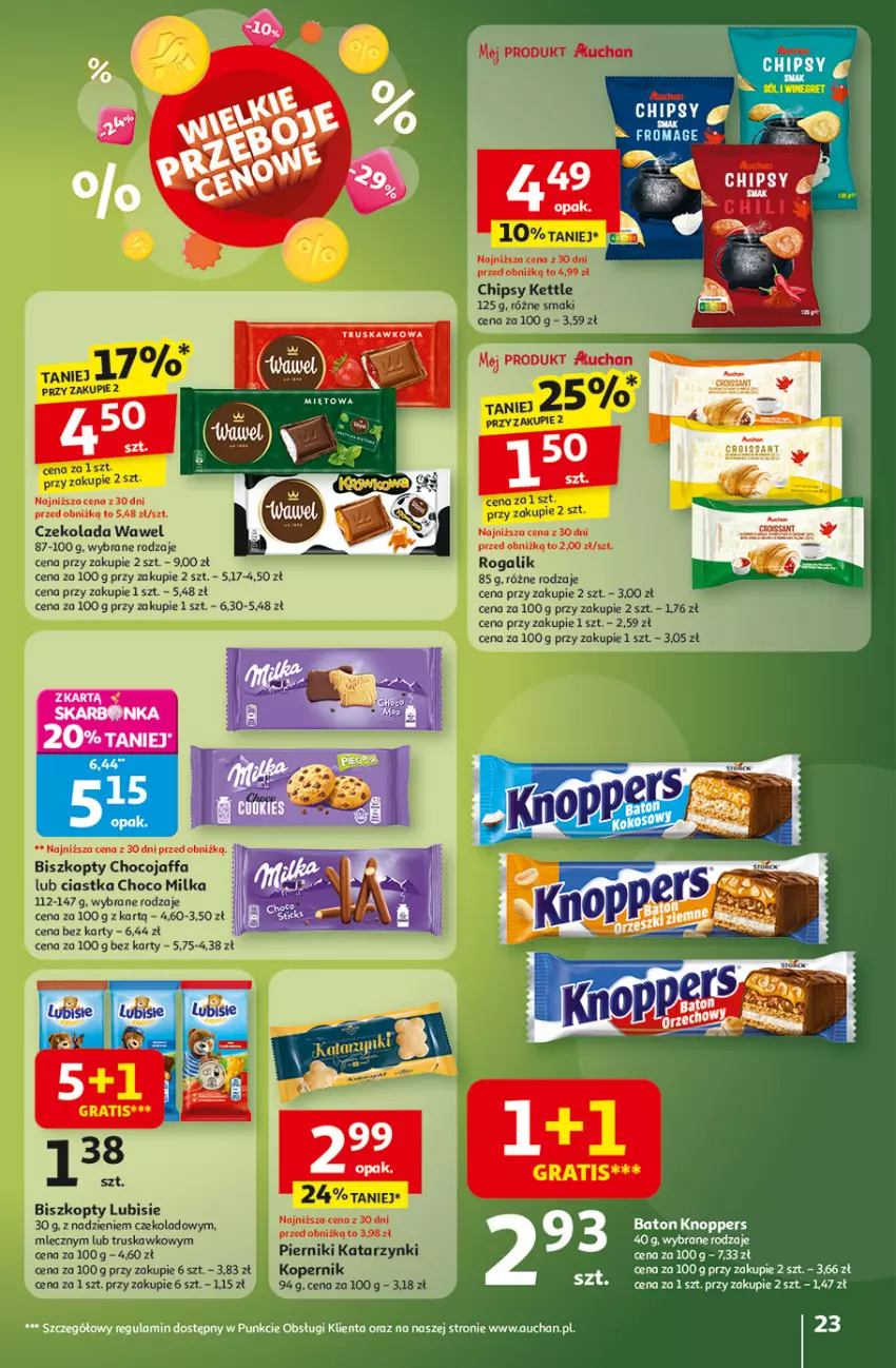 Gazetka promocyjna Auchan - Wielkie przeboje cenowe Hipermarket - ważna 16.10 do 22.10.2025 - strona 23 - produkty: Baton, Biszkopty, Chipsy, Ciastka, Czekolada, Fa, Knoppers, Lubisie, Milka, Piernik, Rogal, Wawel