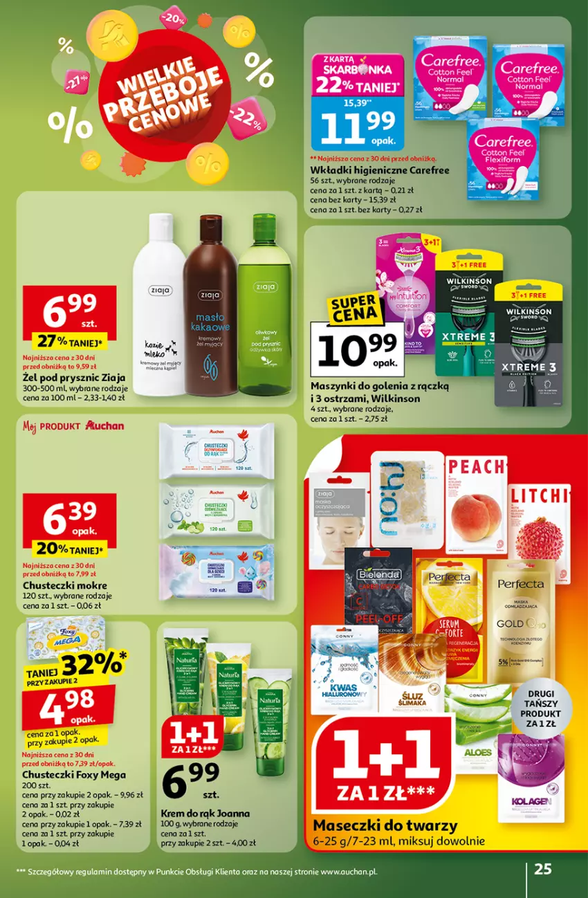 Gazetka promocyjna Auchan - Wielkie przeboje cenowe Hipermarket - ważna 16.10 do 22.10.2025 - strona 25 - produkty: Carefree, Chusteczki, Foxy, Joanna, Kakao, Krem do rąk, Mleko, Wkładki, Ziaja
