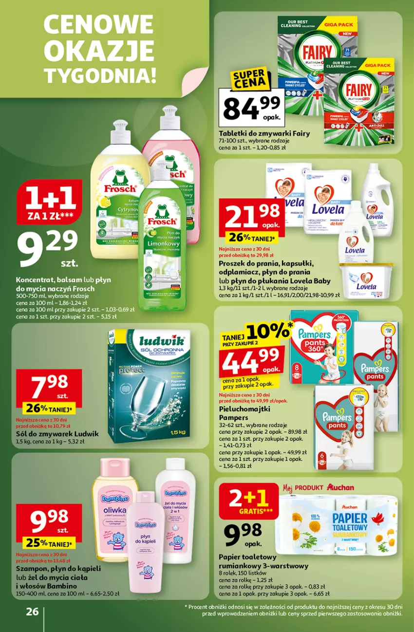 Gazetka promocyjna Auchan - Wielkie przeboje cenowe Hipermarket - ważna 16.10 do 22.10.2025 - strona 26 - produkty: Fa, Fairy, Gra, Lovela, Ludwik, Majtki, Odplamiacz, Pampers, Papier, Papier toaletowy, Pieluchomajtki, Płyn do kąpieli, Płyn do płukania, Płyn do prania, Proszek do prania, Rum, Sól, Szampon, Tablet, Tabletki do zmywarki, Zmywarki