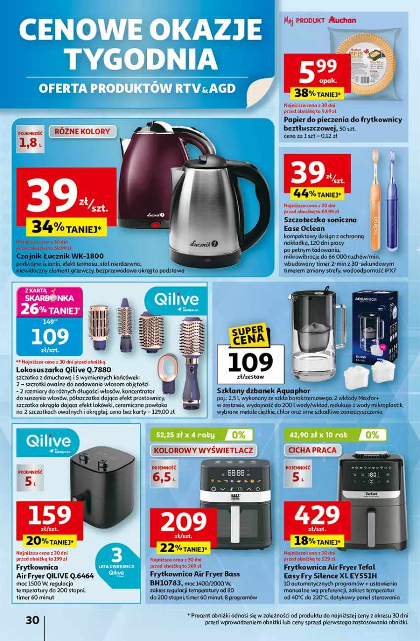 Gazetka promocyjna Auchan - Wielkie przeboje cenowe Hipermarket - ważna 16.10 do 22.10.2025 - strona 30 - produkty: Aquaphor, Czajnik, Dzbanek, Fa, Gra, Papier, Papier do pieczenia, Piec, Por, Ser, Suszarka, Szczoteczka, Szczoteczka soniczna, Szczotka, Tefal, Termos, Top