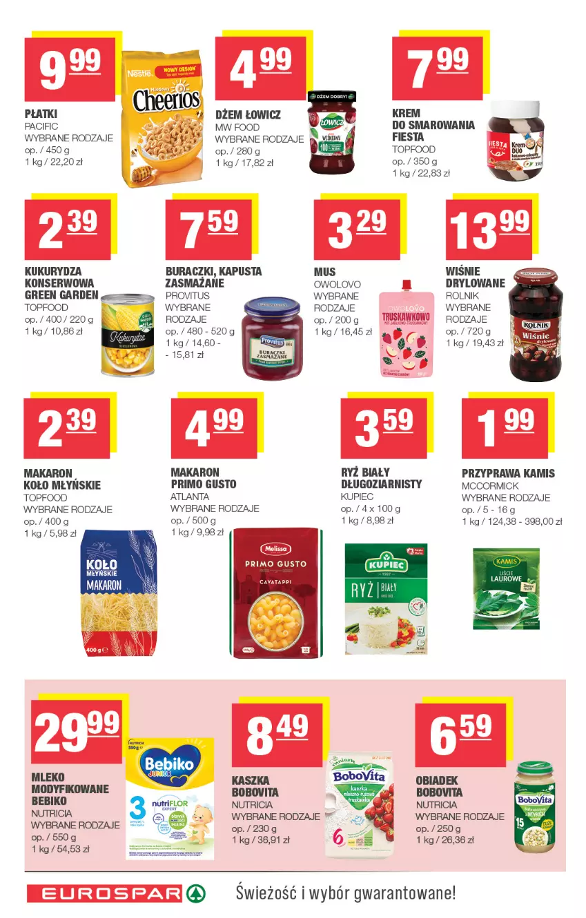 Gazetka promocyjna Spar - EuroSpar - ważna 09.09 do 20.09.2026 - strona 10 - produkty: Bebiko, BoboVita, Buraczki, Cif, Dżem, Kamis, Kukurydza, Kupiec, Makaron, Mleko, Mleko modyfikowane, Mus, Piec, Rolnik, Ryż, Ryż biały, Ser, Top