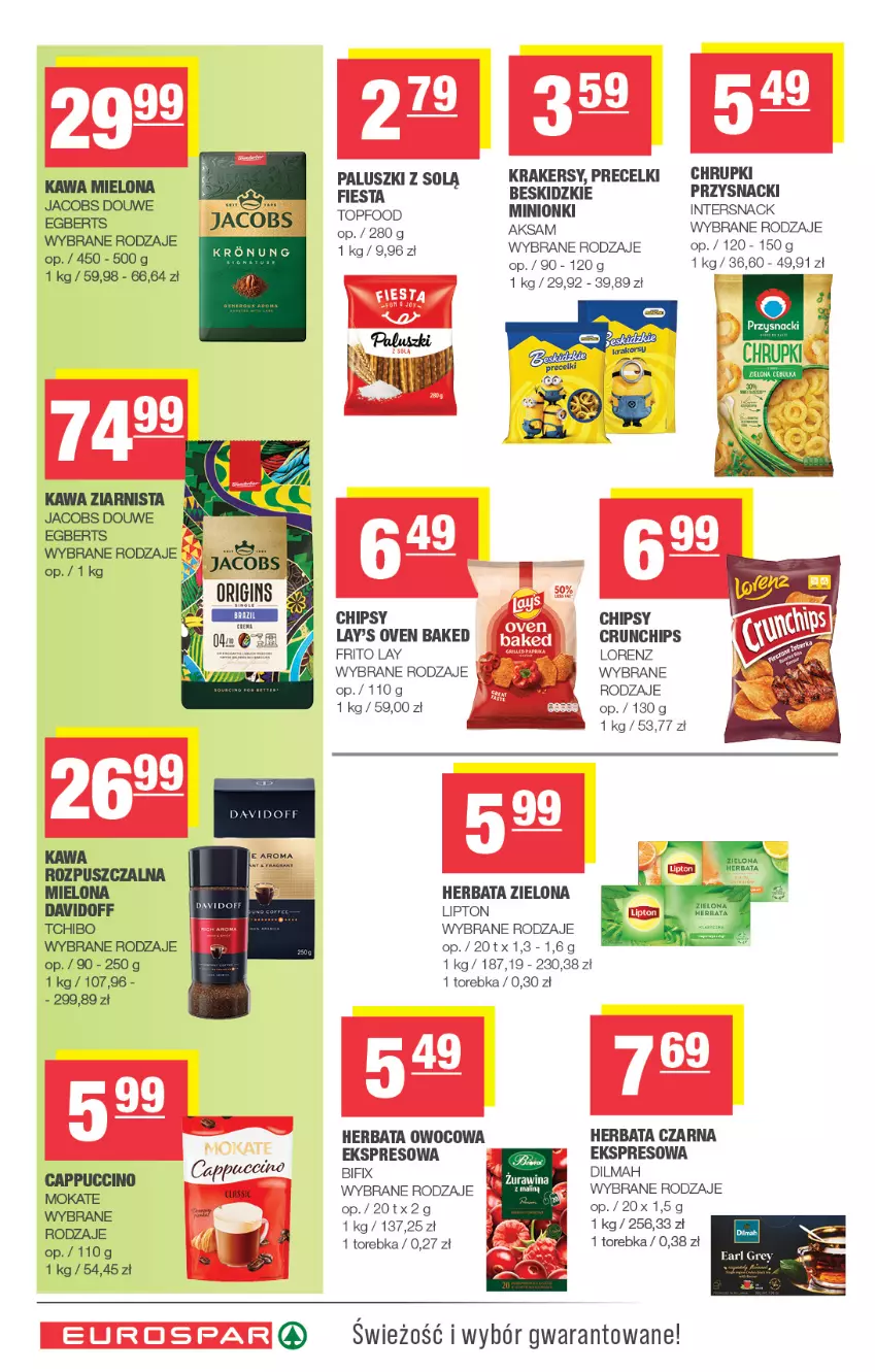 Gazetka promocyjna Spar - EuroSpar - ważna 09.09 do 20.09.2026 - strona 12 - produkty: Aksam, Beskidzki, Cappuccino, Chipsy, Chrupki, Crunchips, Davidoff, Dilmah, Herbata, Herbata czarna, Herbata owocowa, Jacobs, Kawa, Kawa mielona, Kawa rozpuszczalna, Kawa ziarnista, Krakersy, Lipton, Lorenz, Precelki, Przysnacki, Tchibo, Top, Torebka