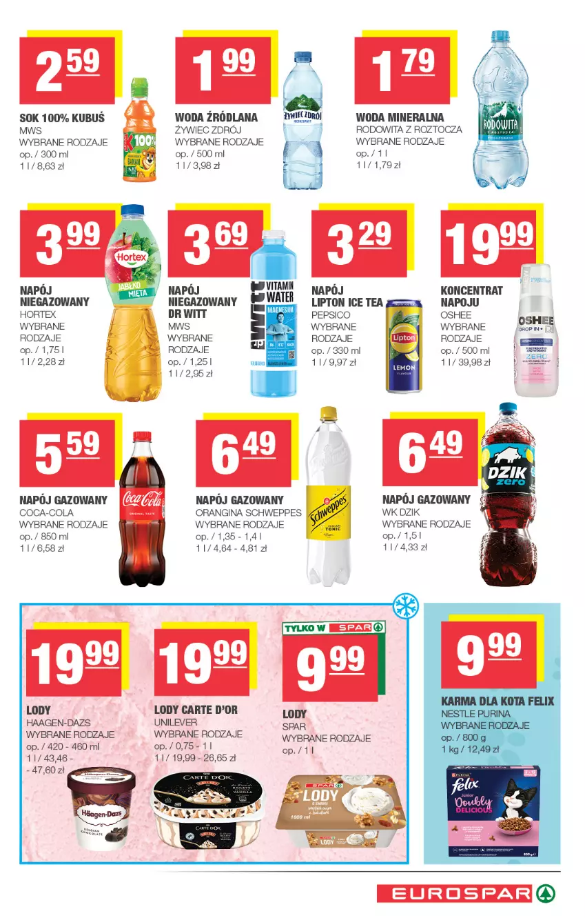 Gazetka promocyjna Spar - EuroSpar - ważna 09.09 do 20.09.2026 - strona 13 - produkty: Carte d'Or, Coca-Cola, Gin, Hortex, Ice tea, LANA, Lipton, Lody, Napój, Napój gazowany, Oshee, Pepsi, Schweppes, Sok, Woda, Woda mineralna