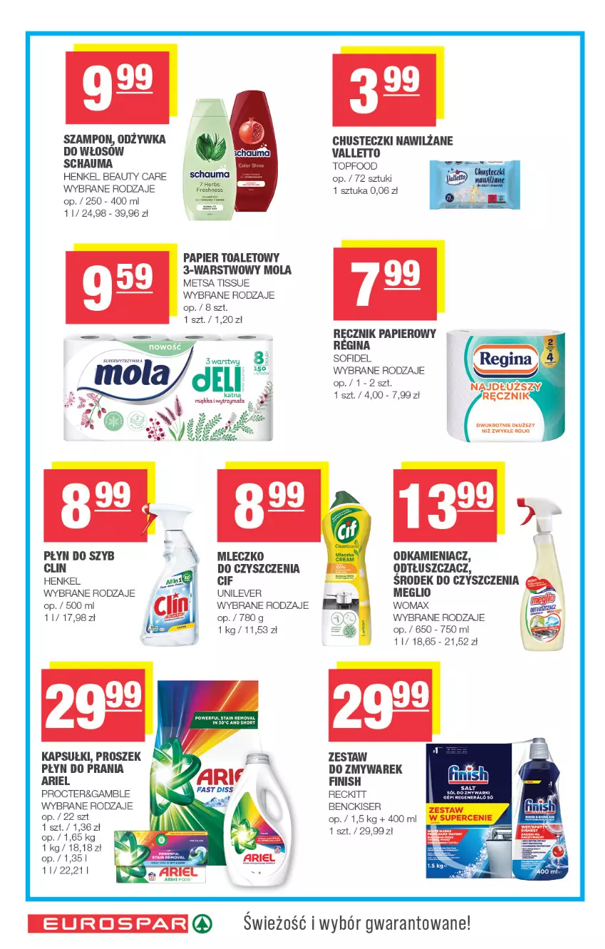 Gazetka promocyjna Spar - EuroSpar - ważna 09.09 do 20.09.2026 - strona 14 - produkty: Ariel, Chusteczki, Cif, Fa, Finish, Gin, Mleczko, Mola, Odkamieniacz, Odtłuszczacz, Odżywka, Papier, Papier toaletowy, Płyn do prania, Płyn do szyb, Ręcznik, Rolki, Schauma, Ser, Sól, Szampon, Top, Zmywarki