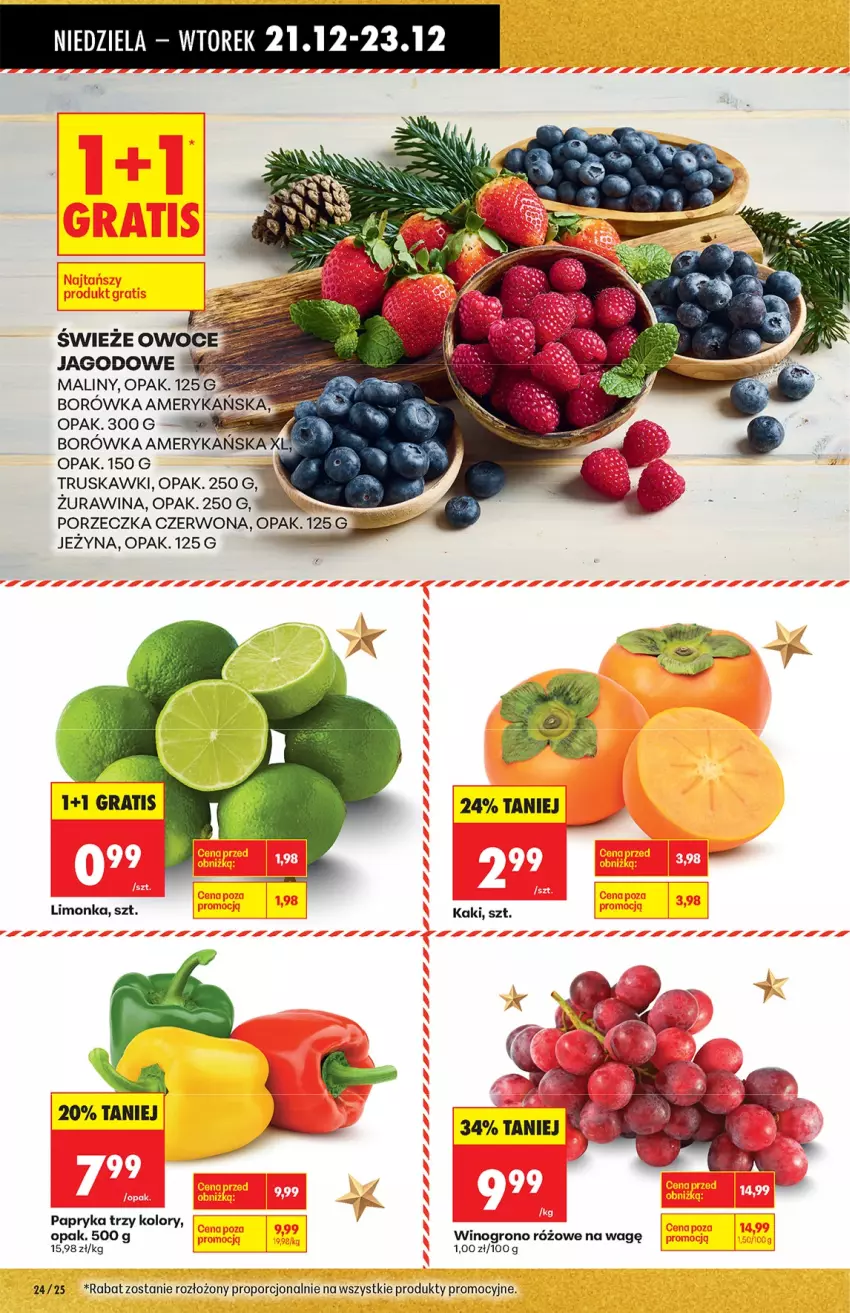 Gazetka promocyjna Biedronka - od niedzieli - ważna 21.12 do 27.12.2025 - strona 24 - produkty: Borówka, Borówka amerykańska, Gra, Kaki, Limonka, Maliny, Owoce, Papryka, Por, Truskawki, Wino