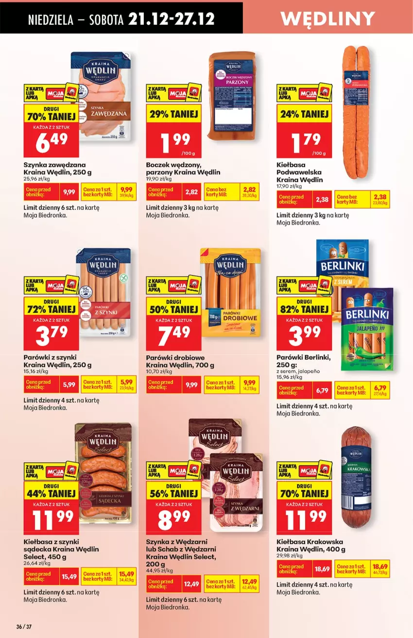 Gazetka promocyjna Biedronka - od niedzieli - ważna 21.12 do 27.12.2025 - strona 36 - produkty: Berlinki, Boczek, Kiełbasa, Kiełbasa krakowska, Kiełbasa podwawelska, Parówki, Parówki z szynki, Ser, Szynka, Wawel