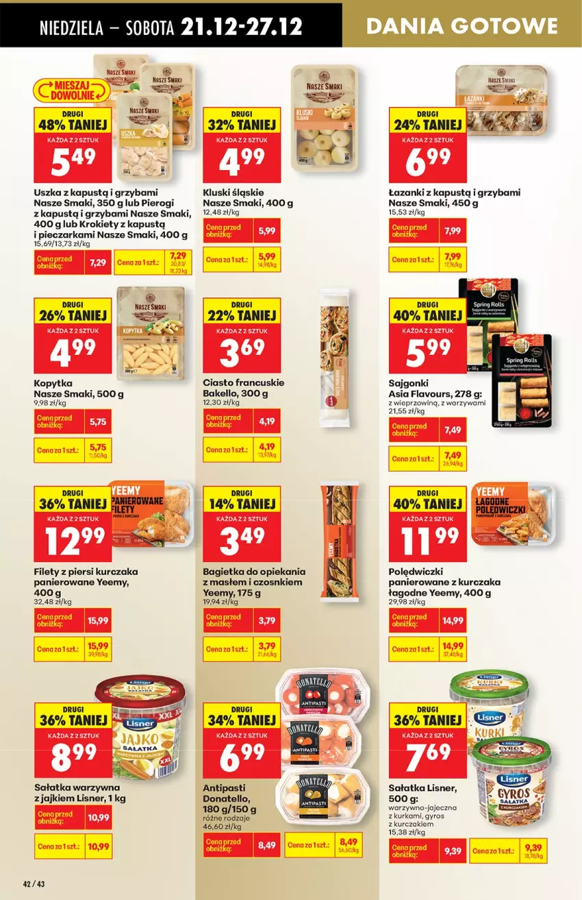 Gazetka promocyjna Biedronka - od niedzieli - ważna 21.12 do 27.12.2025 - strona 42 - produkty: Bagietka, Ciasto francuskie, Gyros, Kapustą, Kopytka, Krokiety, Kurczak, Lisner, Piec, Pieczarka, Pierogi, Polędwiczki panierowane, Sajgonki, Sałat, Sałatka, Sałatka warzywna, Warzywa