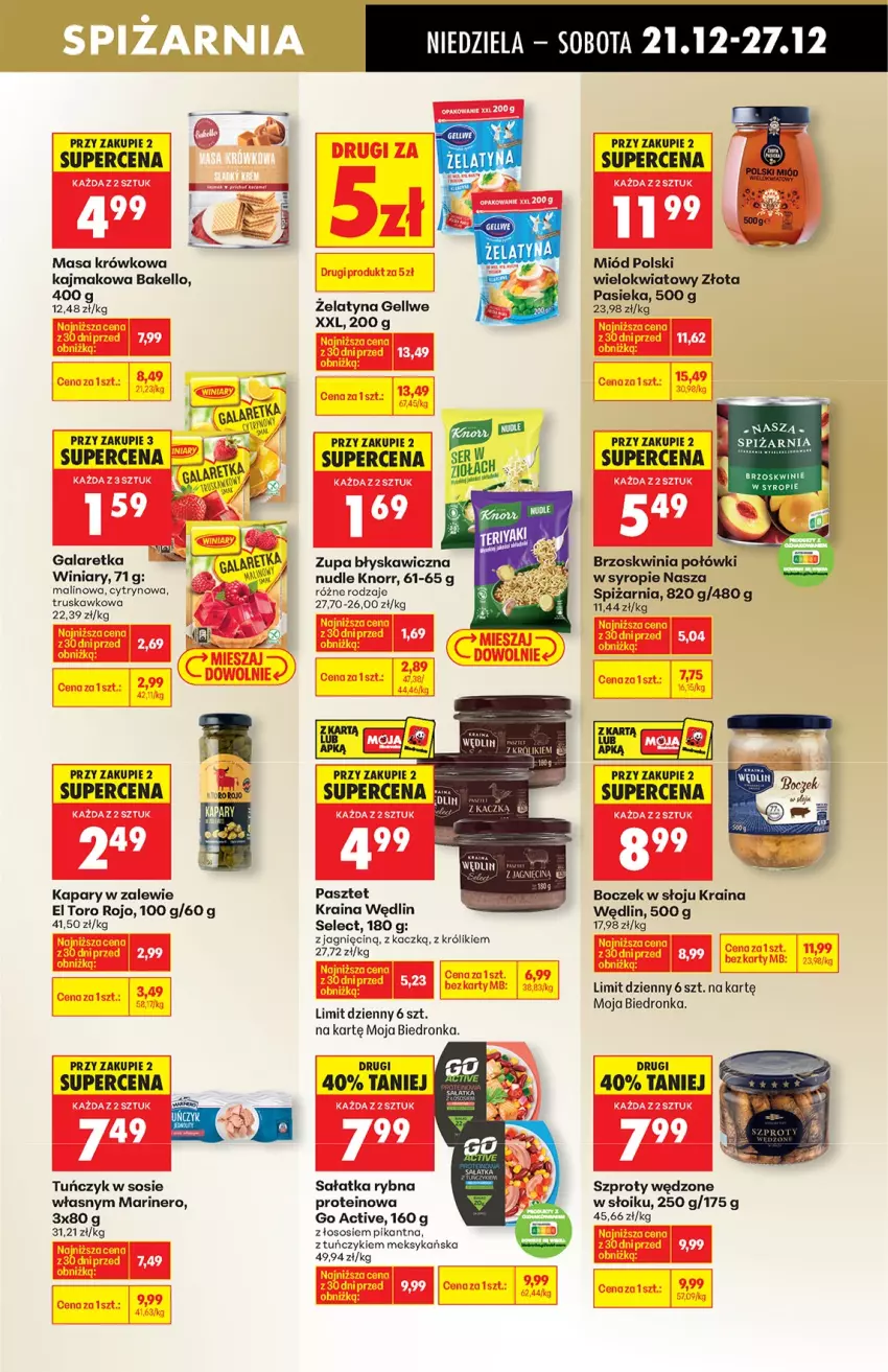 Gazetka promocyjna Biedronka - od niedzieli - ważna 21.12 do 27.12.2025 - strona 45 - produkty: Boczek, Brzoskwinie, Fa, Gala, Galaretka, Kapary, Knorr, Królik, Masa krówkowa, Miód, Pasztet, Sałat, Sałatka, Sos, Syrop, Szprot, Tuńczyk, Winiary, Zupa