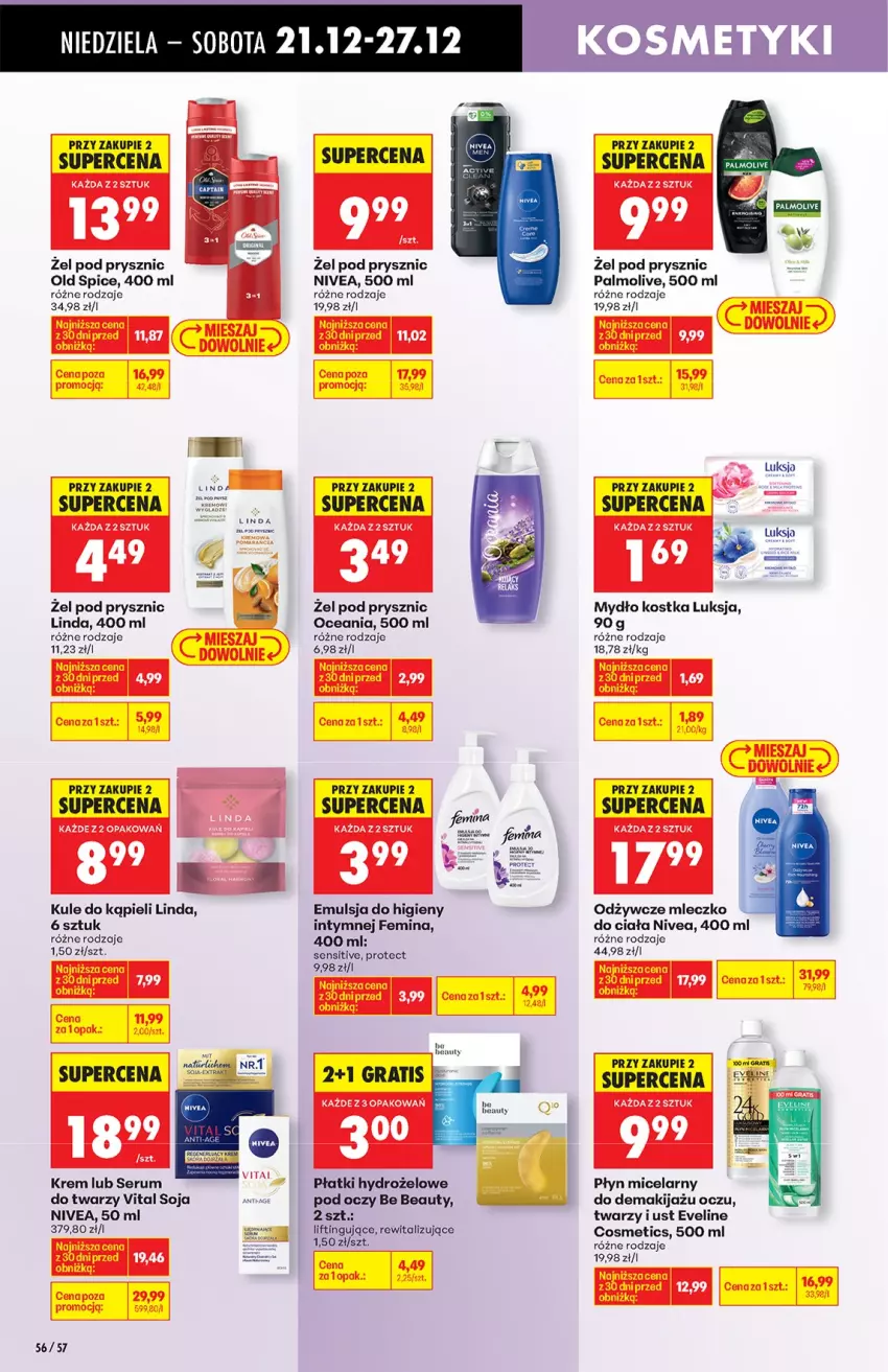 Gazetka promocyjna Biedronka - od niedzieli - ważna 21.12 do 27.12.2025 - strona 56 - produkty: Be Be, Emulsja, Eveline, Gra, Luksja, Makijaż, Mleczko, Mleczko do ciała, Mydło, Nivea, Old Spice, Palmolive, Płyn micelarny, Rum, Ser, Serum, Serum do twarzy