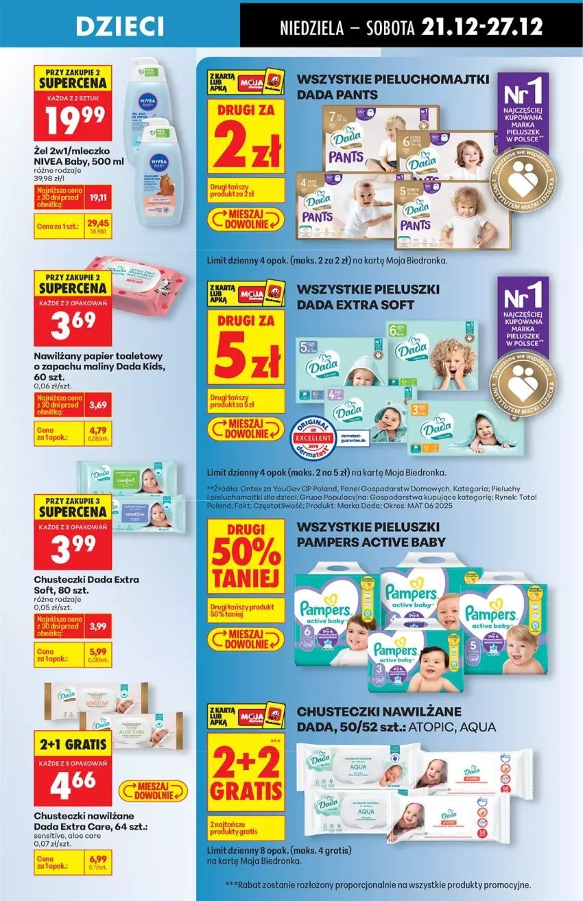 Gazetka promocyjna Biedronka - od niedzieli - ważna 21.12 do 27.12.2025 - strona 59 - produkty: Chusteczki, Dada, Dzieci, Fa, Gra, Majtki, Maliny, Mleczko, Nawilżany papier, Nivea, Nivea Baby, Pampers, Papier, Papier toaletowy, Pieluchomajtki, Pieluchy, Por, Top