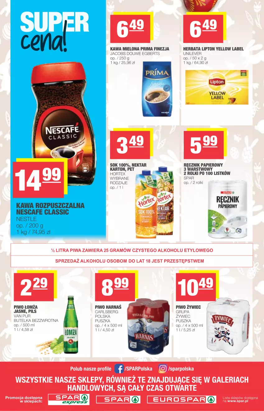 Gazetka promocyjna Spar - Express - ważna 31.03 do 03.04.2021 - strona 4 - produkty: Carlsberg, Harnaś, Herbata, Hortex, Jacobs, Kawa, Kawa mielona, Lipton, Nektar, Papier, Piwo, Prima, Pur, Ręcznik, Rolki, Sok