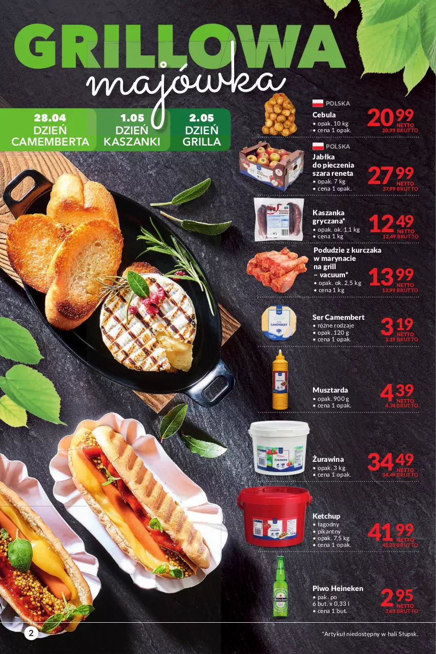 Gazetka promocyjna Makro - [Oferta promocyjna] Artykuły spożywcze i przemysłowe - ważna 19.04 do 02.05.2022 - strona 2 - produkty: Camembert, Cebula, Grill, Gry, Heineken, Jabłka, Kasza, Kaszanka, Ketchup, Kurczak, Mus, Musztarda, Piec, Piwo, Podudzie z kurczaka, Ser