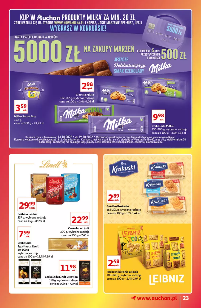 Gazetka promocyjna Auchan - Gazetka Znane Marki Lubiane Auchan - ważna 13.10 do 19.10.2022 - strona 23 - produkty: Ciastka, Czekolada, Herbatniki, Kokos, Krakus, Krakuski, Lindor, Lindt, Lody, Milka, Ser