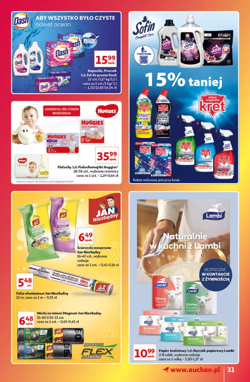 Gazetka promocyjna Auchan - Gazetka Znane Marki Lubiane Auchan - ważna 13.10 do 19.10.2022 - strona 31 - produkty: Folia aluminiowa, Huggies, Jan Niezbędny, Majtki, Papier, Papier toaletowy, Pieluchomajtki, Pieluchy, Ręcznik, Worki na śmiec, Worki na śmieci